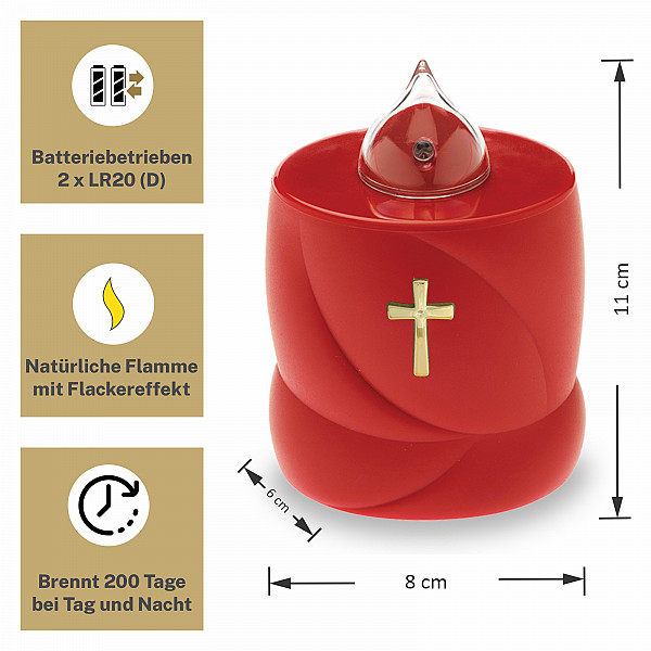 AROBA 4x LED Grabkerze Trauerlicht - Flackereffekt wie echte Kerze - lange Brenndauer bis 200 Tage - wiederverwendbar Friedhofskerze Gedenkkerze Dauerkerze - rot Heiliges Kreuz