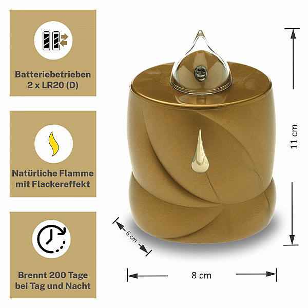 AROBA 4x LED Grabkerze Trauerlicht - Flackereffekt wie echte Kerze - lange Brenndauer bis 200 Tage - wiederverwendbar Friedhofskerze Gedenkkerze Dauerkerze - gold Träne