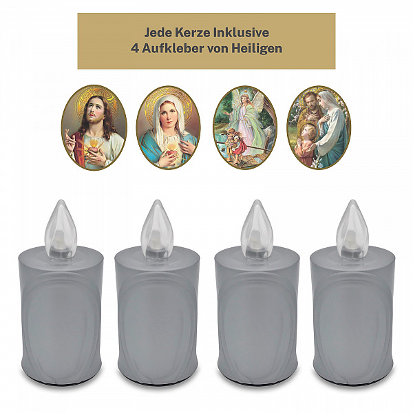 AROBA 4x LED grave candle memorial light – flickering effect like a real candle – long burning time up to 120 days – reusable cemetery candle remembrance candle eternal candle – SILVER – MIXED SAINTS Sticker Set