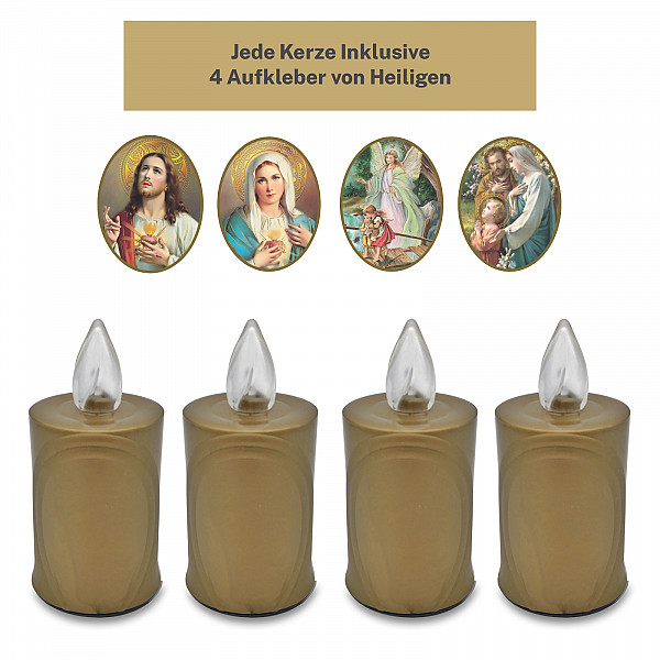 AROBA 4x LED grave candle memorial light – flickering effect like a real candle – long burning time up to 120 days – reusable cemetery candle remembrance candle eternal candle – GOLD – MIXED SAINTS Sticker Set