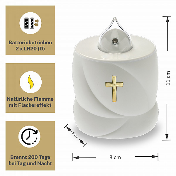 AROBA 4x LED Grabkerze Trauerlicht - Flackereffekt wie echte Kerze - lange Brenndauer bis 200 Tage - wiederverwendbar Friedhofskerze Gedenkkerze Dauerkerze - weiß Heiliges Kreuz