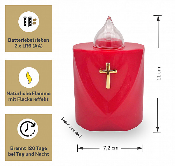 AROBA 4x LED Grabkerze Trauerlicht - Flackereffekt wie echte Kerze - lange Brenndauer bis 120 Tage - wiederverwendbar Friedhofskerze Gedenkkerze Dauerkerze - rot Heiliges Kreuz