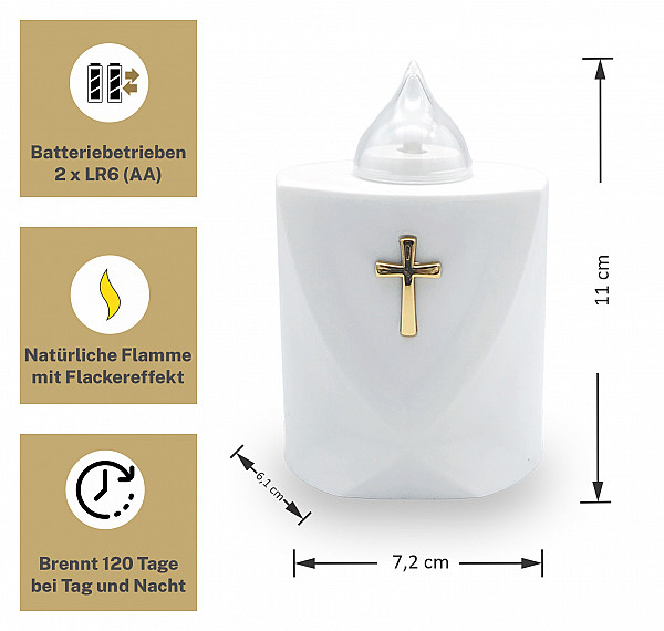 AROBA 4x LED grave candle memorial light – flickering effect like a real candle – long burning time up to 120 days – reusable cemetery candle remembrance candle eternal candle – WHITE – HOLY CROSS