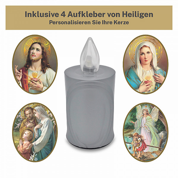 AROBA 4x LED grave candle memorial light – flickering effect like a real candle – long burning time up to 120 days – reusable cemetery candle remembrance candle eternal candle – SILVER – MIXED SAINTS Sticker Set