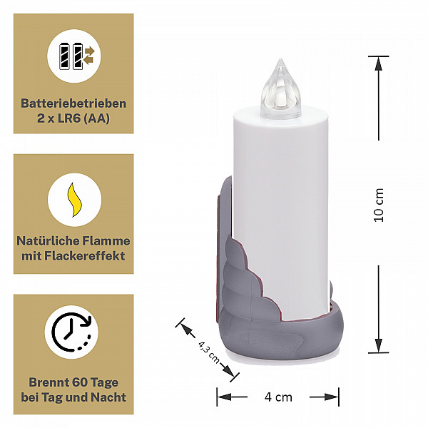 AROBA 4x LED grave candle memorial light – flickering effect like a real candle – long burning time up to 60 days – reusable cemetery candle remembrance candle eternal candle – WHITE – SILVER SUPPORT