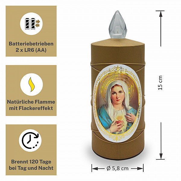 AROBA 4x LED Grabkerze Trauerlicht - Flackereffekt wie echte Kerze - lange Brenndauer bis 120 Tage - wiederverwendbar Friedhofskerze Gedenkkerze - gold inkl. Auswahl an Heiligen
