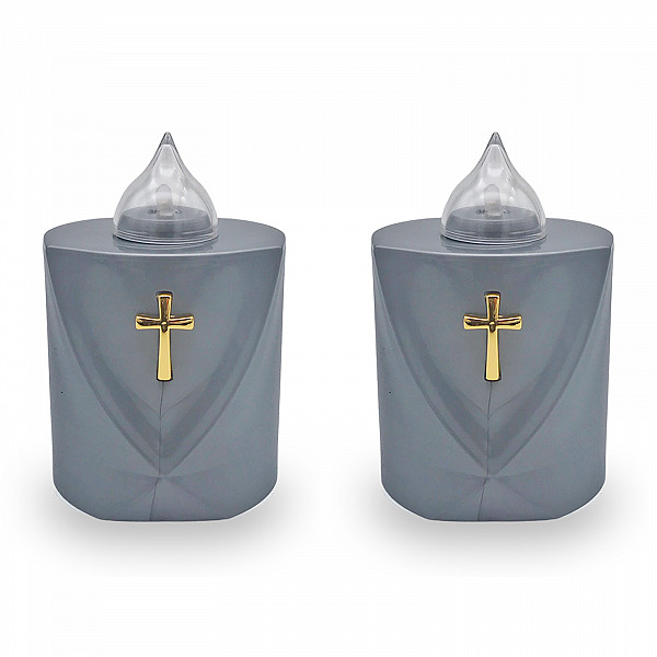 AROBA 4x LED Grabkerze Trauerlicht - Flackereffekt wie echte Kerze - lange Brenndauer bis 120 Tage - wiederverwendbar Friedhofskerze Gedenkkerze Dauerkerze - silber Heiliges Kreuz