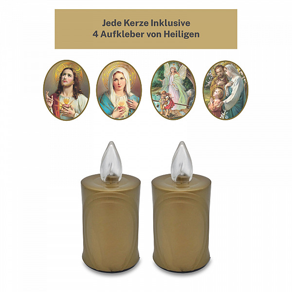 AROBA 4x LED grave candle memorial light – flickering effect like a real candle – long burning time up to 120 days – reusable cemetery candle remembrance candle eternal candle – GOLD – MIXED SAINTS Sticker Set
