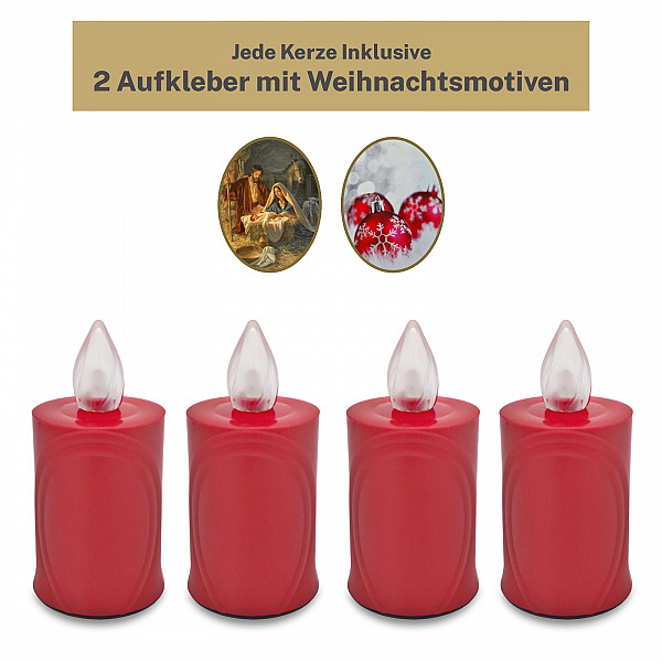 AROBA 4x LED WEIHNACHTSKERZE - mit Flackereffekt wie echte Kerze - lange Brenndauer bis 120 Tage - wiederverwendbar - Christmas - rot mit Weihnachtsmotiv