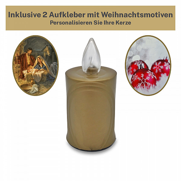 AROBA 4x LED WEIHNACHTSKERZE - mit Flackereffekt wie echte Kerze - lange Brenndauer bis 120 Tage - wiederverwendbar - Christmas - gold mit Weihnachtsmotiv