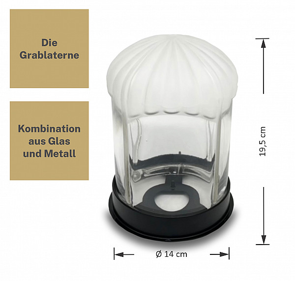 AROBA Grab Laterne Wetterfest 20cm Glass Kappe mit ALU Untersatz in schwarz Grablicht 14cm Durchmesser Verschließbar inkl. Vorhängeschloss