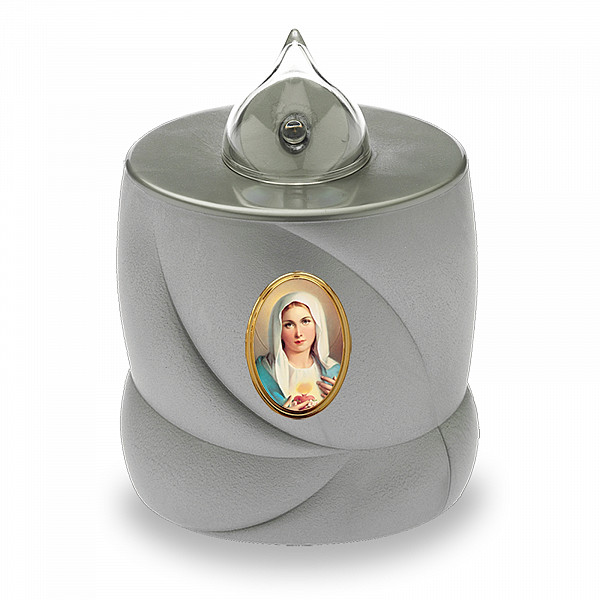 AROBA LED Grabkerze Trauerlicht - Flackereffekt wie echte Kerze - lange Brenndauer bis 200 Tage - wiederverwendbar Friedhofskerze Gedenkkerze Dauerkerze - silber Heilige Maria