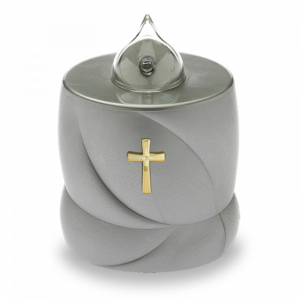 AROBA LED Grabkerze Trauerlicht - Flackereffekt wie echte Kerze - lange Brenndauer bis 200 Tage - wiederverwendbar Friedhofskerze Gedenkkerze Dauerkerze - silber Heiliges Kreuz