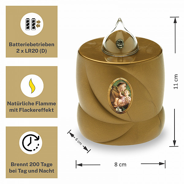 AROBA LED Grabkerze Trauerlicht - Flackereffekt wie echte Kerze - lange Brenndauer bis 200 Tage - wiederverwendbar Friedhofskerze Gedenkkerze Dauerkerze - gold Heiliger Antonius