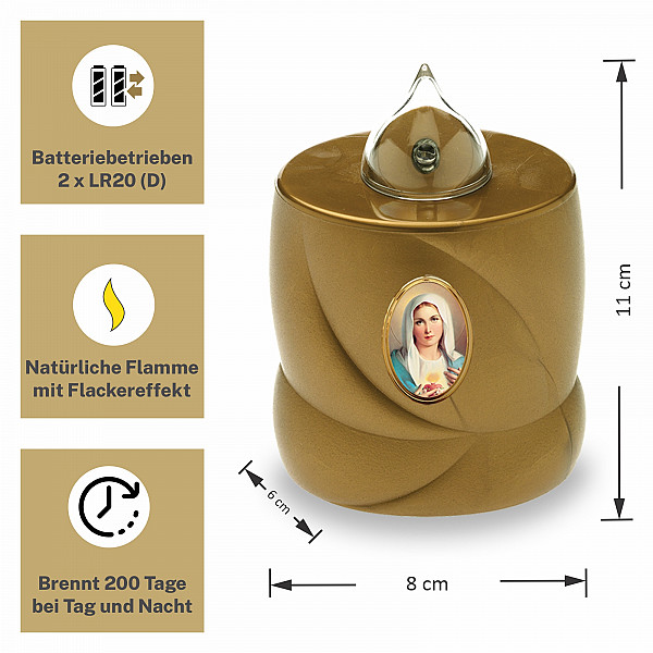 AROBA LED Grabkerze Trauerlicht - Flackereffekt wie echte Kerze - lange Brenndauer bis 200 Tage - wiederverwendbar Friedhofskerze Gedenkkerze Dauerkerze - gold Heilige Maria