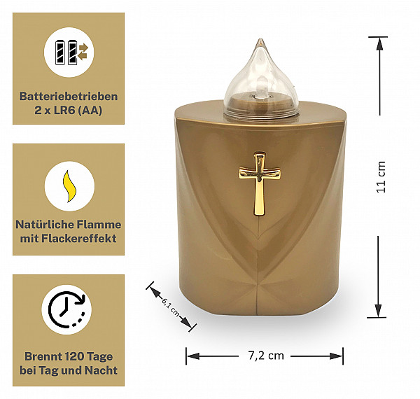 AROBA LED Grabkerze Trauerlicht - Flackereffekt wie echte Kerze - lange Brenndauer bis 120 Tage - wiederverwendbar Friedhofskerze Gedenkkerze Dauerkerze - gold Heiliges Kreuz