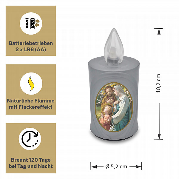 AROBA LED Grabkerze Trauerlicht - Flackereffekt wie echte Kerze - lange Brenndauer bis 120 Tage - wiederverwendbar Friedhofskerze Gedenkkerze - silber inkl. Auswahl an Heiligen