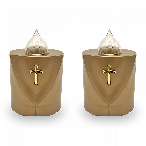 AROBA LED Grabkerze Trauerlicht - Flackereffekt wie echte Kerze - lange Brenndauer bis 120 Tage - wiederverwendbar Friedhofskerze Gedenkkerze Dauerkerze - gold Heiliges Kreuz