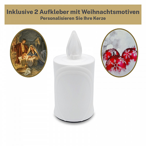 AROBA LED WEIHNACHTSKERZE - mit Flackereffekt wie echte Kerze - lange Brenndauer bis 120 Tage - wiederverwendbar - Christmas - weiß mit Weihnachtsmotiv