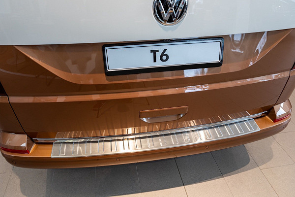 Stainless Steel Rear Bumper Protector Compatible With Volkswagen T6 Multivan, Transporter, California, Caravelle 06.2015-09.2019 Rearguard, Tailored Fit Bumper Guard,  Loading Edge Protector- Colour Brushed Stainless Steel