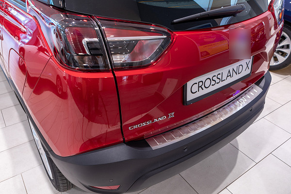 Edelstahl Ladekantenschutz passend für Opel Crossland X BJ. 6.2017-7.2024 Stoßstangenschutz passgenau mit Abkantung V2A Gebürstet