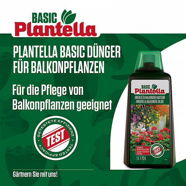 PLANTELLA Basic Liquid Fertilizer for Balcony Plants 1 L – For Geraniums, Petunias, Begonias & More – Promotes Flower Richness & Dense Foliage – Easy Dosage with Measuring Cap