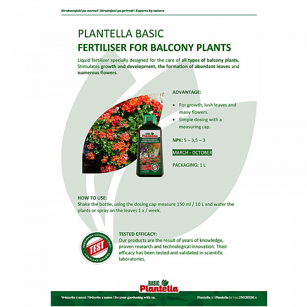 PLANTELLA Basic Liquid Fertilizer for Balcony Plants 1 L – For Geraniums, Petunias, Begonias & More – Promotes Flower Richness & Dense Foliage – Easy Dosage with Measuring Cap