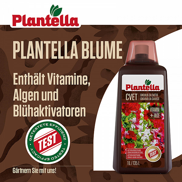 Liquid Fertilizer PLANTELLA BLUME for Balcony & Houseplants 1 Liter – For Lush, Long-Lasting Blooms | With Algae, Vitamins & Bloom Activators | Easy to Use & Fast Acting