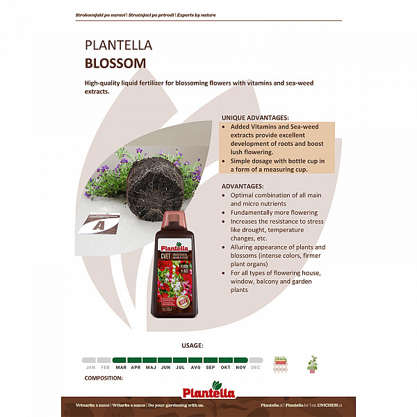 Liquid Fertilizer PLANTELLA BLUME for Balcony & Houseplants 1 Liter – For Lush, Long-Lasting Blooms | With Algae, Vitamins & Bloom Activators | Easy to Use & Fast Acting