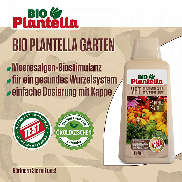 Liquid Biostimulant BIO PLANTELLA Garden 1 Liter – for Vegetables, Herbs & Ornamental Plants – 100% Organic with Seaweed Extract – Promotes Roots, Bloom & Harvest – Vegan, Natural Plant Care
