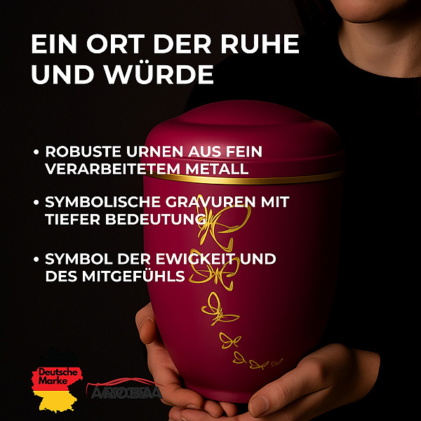 Handgefertigte bordeauxrote Metallurne mit goldener Schmetterlings-Gravur – 4,5 L Volumen für Menschliche Asche – Gedenkurne mit Aschekapsel-Einsatz – Symbol für Freiheit & Seelenfrieden