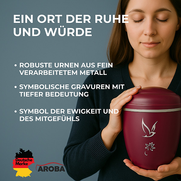 Handgefertigte bordeauxrote Metallurne mit weißer Taube & Blume – 4,5 L Volumen für Menschliche Asche – Gedenkurne mit Aschekapsel-Einsatz – Symbol für Frieden, Hoffnung & Erinnerung