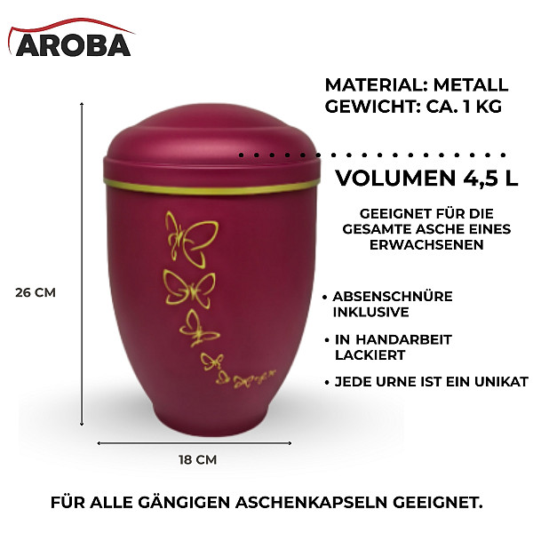 Handgefertigte bordeauxrote Metallurne mit goldener Schmetterlings-Gravur – 4,5 L Volumen für Menschliche Asche – Gedenkurne mit Aschekapsel-Einsatz – Symbol für Freiheit & Seelenfrieden