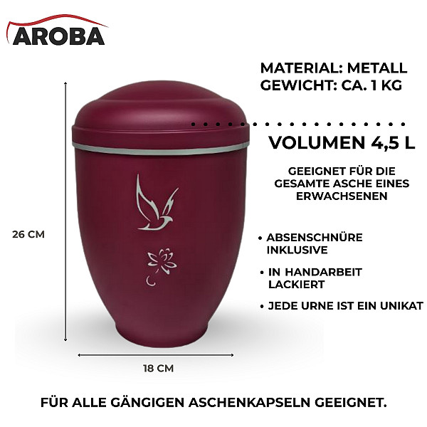 Handgefertigte bordeauxrote Metallurne mit weißer Taube & Blume – 4,5 L Volumen für Menschliche Asche – Gedenkurne mit Aschekapsel-Einsatz – Symbol für Frieden, Hoffnung & Erinnerung