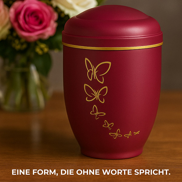 Handgefertigte bordeauxrote Metallurne mit goldener Schmetterlings-Gravur – 4,5 L Volumen für Menschliche Asche – Gedenkurne mit Aschekapsel-Einsatz – Symbol für Freiheit & Seelenfrieden