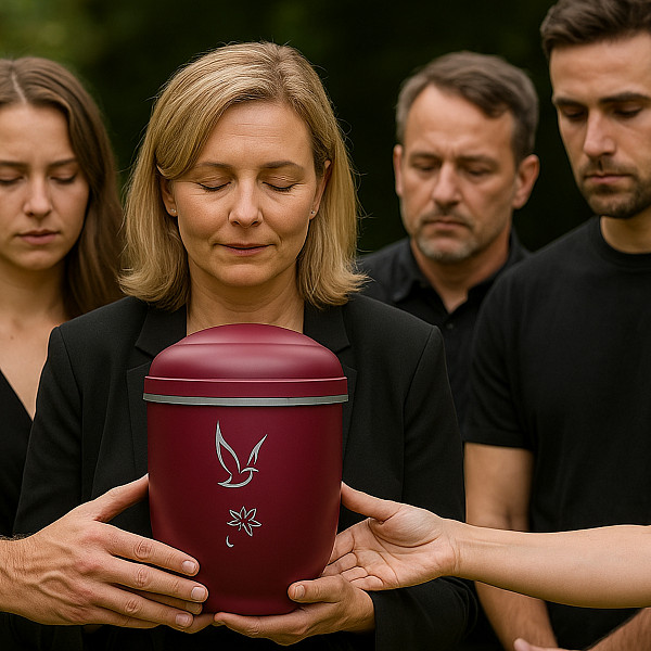 Handgefertigte bordeauxrote Metallurne mit weißer Taube & Blume – 4,5 L Volumen für Menschliche Asche – Gedenkurne mit Aschekapsel-Einsatz – Symbol für Frieden, Hoffnung & Erinnerung