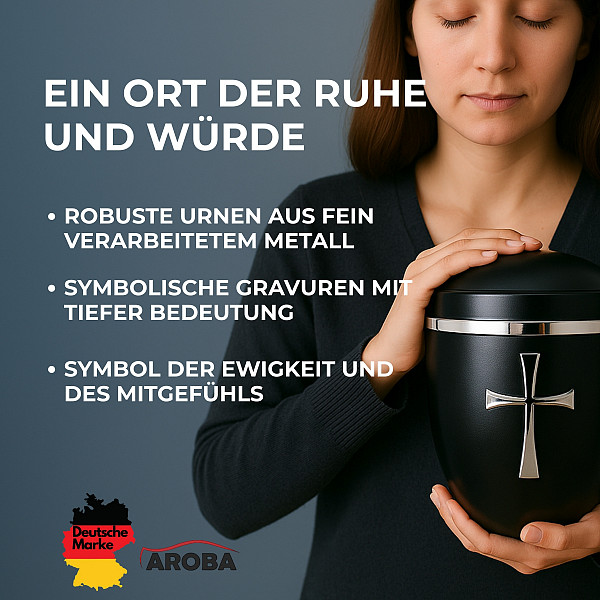 Handgefertigte Elegante Metallurne in Schwarz mit silbernem Kreuz – 4,5 L Gedenkurne für Erwachsene – Mit Einsatz für Standard-Aschekapsel – Klassisch, stilvoll, würdevoll & hochwertig verarbeitet