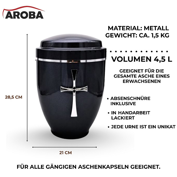 Handgefertigte Elegante Metallurne in Schwarz mit silbernem Kreuz – 4,5 L Gedenkurne für Erwachsene – Mit Einsatz für Standard-Aschekapsel – Klassisch, stilvoll, würdevoll & hochwertig verarbeitet
