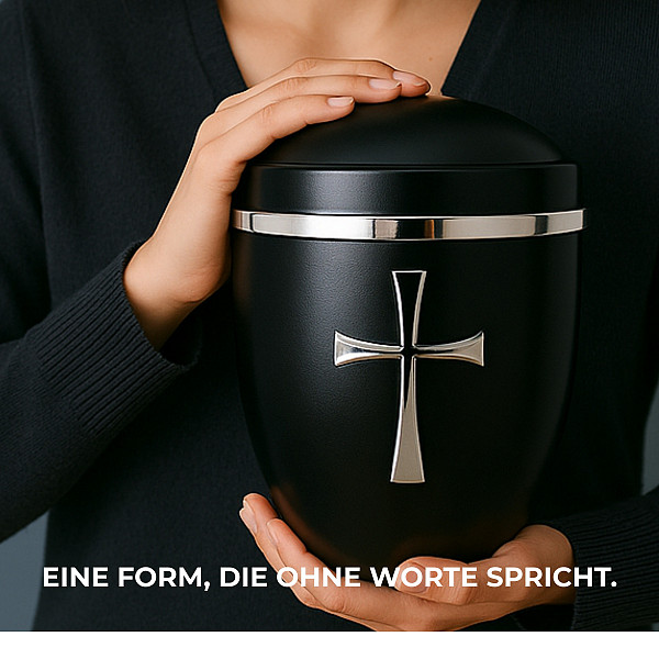 Handgefertigte Elegante Metallurne in Schwarz mit silbernem Kreuz – 4,5 L Gedenkurne für Erwachsene – Mit Einsatz für Standard-Aschekapsel – Klassisch, stilvoll, würdevoll & hochwertig verarbeitet