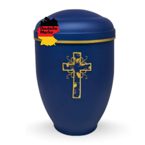 Handgefertigte Mattblaue Metallurne mit goldener Kreuz-Gravur – 4,5 L Volumen für Menschliche Asche – Christliche Gedenkurne mit Aschekapsel-Einsatz – Symbol für Glauben, Trost & Ewigkeit