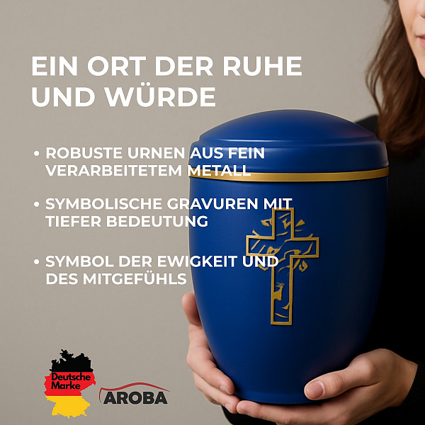 Handgefertigte Mattblaue Metallurne mit goldener Kreuz-Gravur – 4,5 L Volumen für Menschliche Asche – Christliche Gedenkurne mit Aschekapsel-Einsatz – Symbol für Glauben, Trost & Ewigkeit
