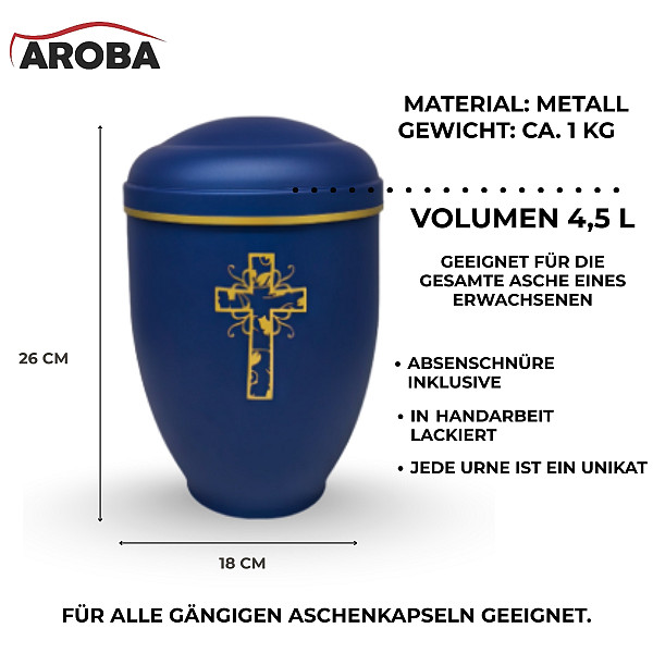 Handgefertigte Mattblaue Metallurne mit goldener Kreuz-Gravur – 4,5 L Volumen für Menschliche Asche – Christliche Gedenkurne mit Aschekapsel-Einsatz – Symbol für Glauben, Trost & Ewigkeit