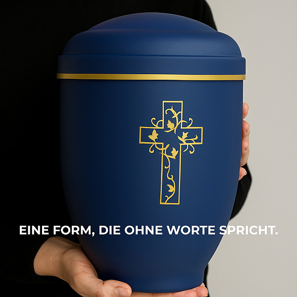 Handgefertigte Mattblaue Metallurne mit goldener Kreuz-Gravur – 4,5 L Volumen für Menschliche Asche – Christliche Gedenkurne mit Aschekapsel-Einsatz – Symbol für Glauben, Trost & Ewigkeit