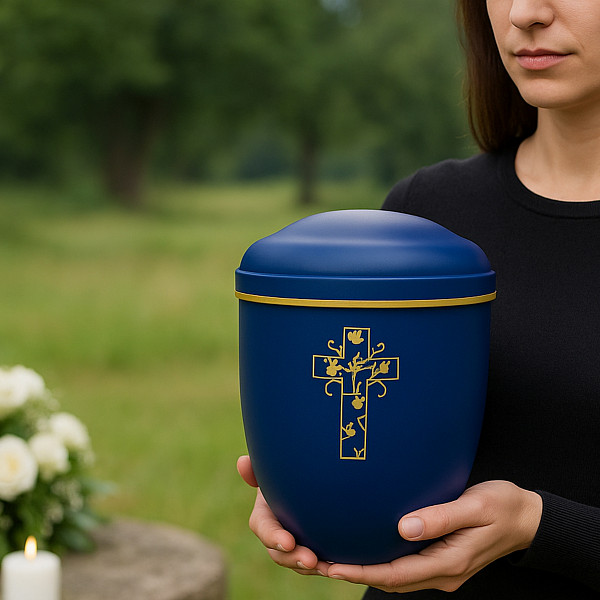 Handgefertigte Mattblaue Metallurne mit goldener Kreuz-Gravur – 4,5 L Volumen für Menschliche Asche – Christliche Gedenkurne mit Aschekapsel-Einsatz – Symbol für Glauben, Trost & Ewigkeit