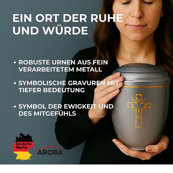 Handgefertigte Metallurne in Mattsilber mit goldener Kreuz Gravur – 4,5 L Volumen für Menschliche Asche – Christliche Gedenkurne mit Aschekapsel-Einsatz – Schlicht, würdevoll & hochwertig