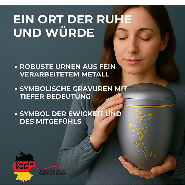 Handgefertigte Metallurne in Mattsilber mit goldener Schmetterlings Gravur – 4,5 L Gedenkurne für Menschliche Asche – Mit Aschekapsel-Einsatz – Symbol für Freiheit, Seelenfrieden & stilvollen Abschied