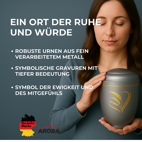 Handgefertigte Metallurne in Mattsilber mit goldener Aähren Gravur – 4,5 L für Menschliche Asche – Gedenkurne mit Aschekapsel-Einsatz – Symbol für Freiheit, Seelenfrieden & Würde