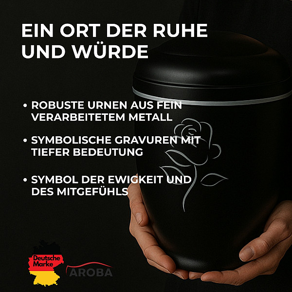 Handgefertigte Metallurne in Mattschwarz mit Rosen-Gravur – 4,5 L Gedenkurne für Erwachsene – Mit Aschekapsel-Einsatz – Stilvolles Design als Symbol für Liebe, Erinnerung & Würde