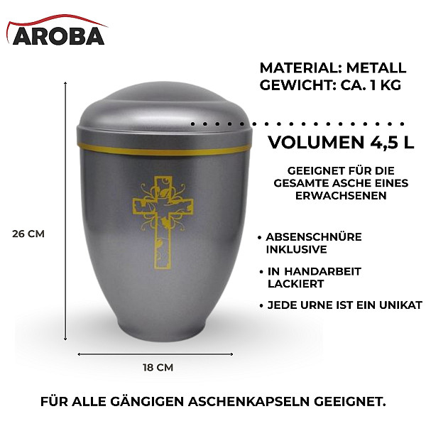 Handgefertigte Metallurne in Mattsilber mit goldener Kreuz Gravur – 4,5 L Volumen für Menschliche Asche – Christliche Gedenkurne mit Aschekapsel-Einsatz – Schlicht, würdevoll & hochwertig