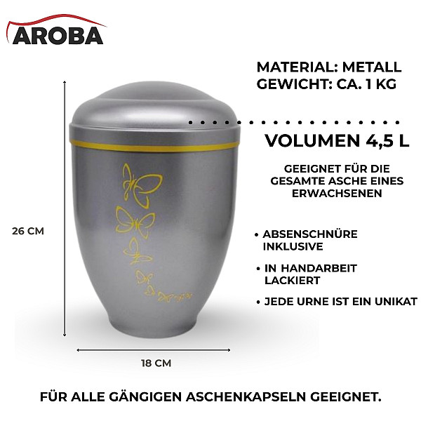 Handgefertigte Metallurne in Mattsilber mit goldener Schmetterlings Gravur – 4,5 L Gedenkurne für Menschliche Asche – Mit Aschekapsel-Einsatz – Symbol für Freiheit, Seelenfrieden & stilvollen Abschied
